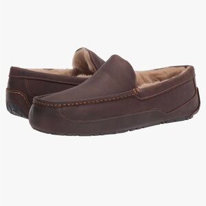 Ugg mens ascot leather slippers‎ size 11 dark brownn leather GUC